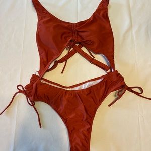 Ladies one piece swimsuit dark orange coffee XL #8